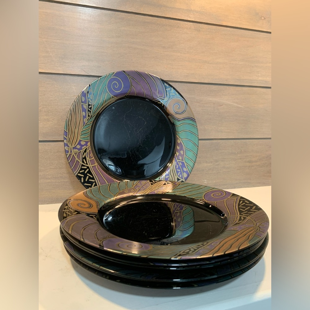 Arcoroc Tampico Dinner Plates Art Deco Inspired Black Multi Pattern Set of 7 VTG
